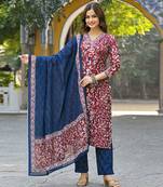 Women maroon rayon blend ethnic motifs printed straight kurta trousers with dupatta