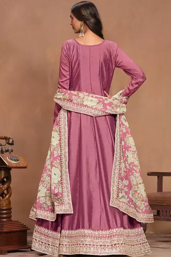 Pink embroidery art silk anarkali suit