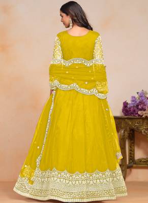 Yellow embroidery net anarkali suit 2