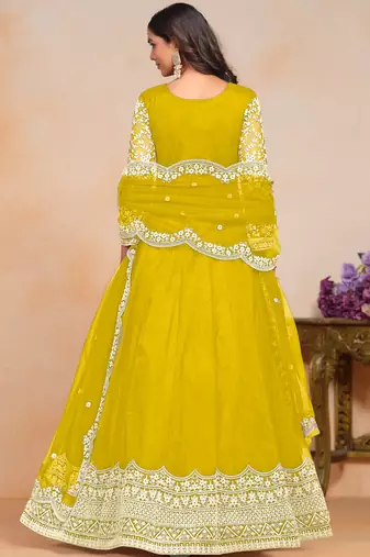 Yellow embroidery net anarkali suit