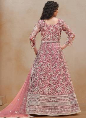 Peach embroidery net anarkali suit 2