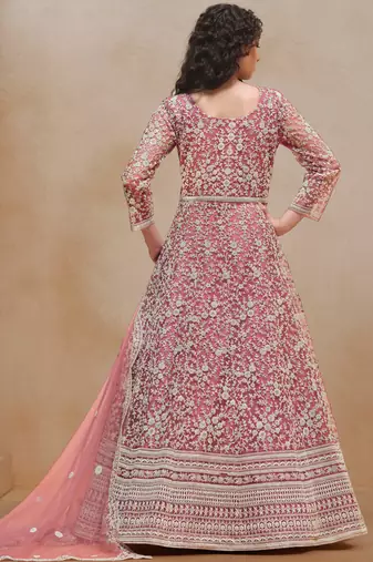 Peach embroidery net anarkali suit