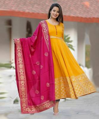 Yellow Rayon Printed Handwoven anarkali with Dupatta Set  1