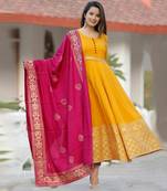 Yellow Rayon Printed Handwoven anarkali with Dupatta Set 