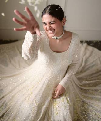 Off white Georgette Sequins Work Gown pent and dupatta suit set    1