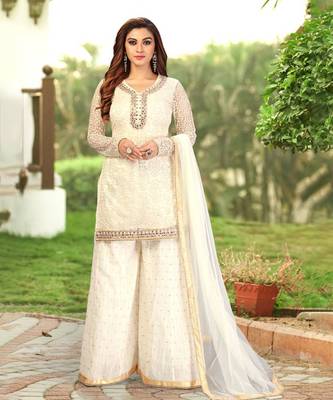 White Cotton Embroidery Kurta Plazo with Dupatta Salwar Suit 3 Pics Set 1