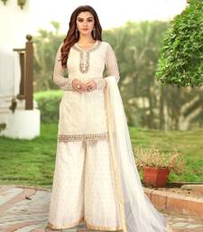 White Cotton Embroidery Kurta Plazo with Dupatta Salwar Suit 3 Pics Set