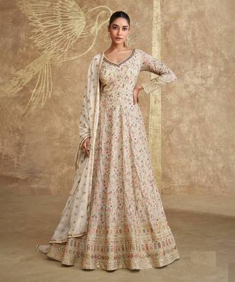 Beige embroidered georgette free size anarkali suit 1