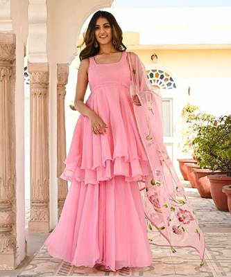 Elegant Pink Faux Georgette umberella flared kurta set 1