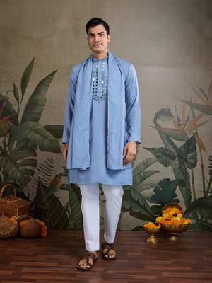 Light Blue Viscose Rayon Real mirror work kurta with dupatta 1