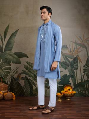 Light Blue Viscose Rayon Real mirror work kurta with dupatta 4