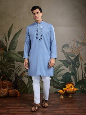 Light Blue Viscose Rayon Real mirror work kurta with dupatta 5