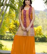 Yellow designer georgette embroidered Sharara suit