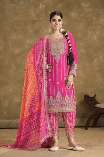 Pink free size Embroidered bandhani full stitched dhoti wedding suits-free size