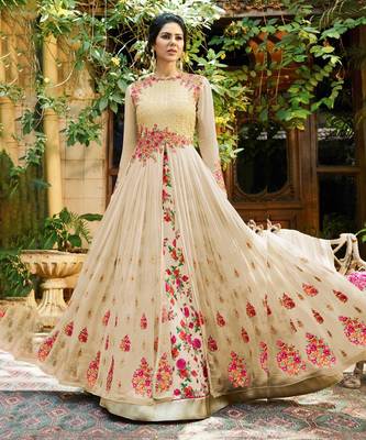 Cream Crepe Multicolor Embroidered Anarkali Salwar Suit for Weddings 1