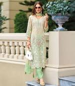 Pista green embroidered organza free size stitched straight pant suit. ( size upto 42)