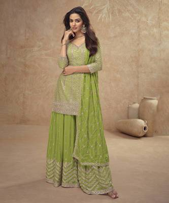 Light green real chinon embroidered Palazzo suit 1