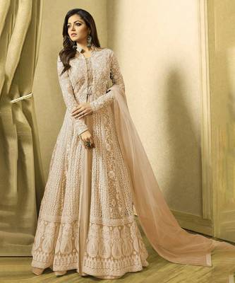 Beige Net Floral Embroidered Anarkali Suit with Dupatta - Semi Stitched 1