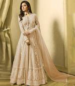 Beige Net Floral Embroidered Anarkali Suit with Dupatta - Semi Stitched