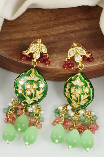 Green meena polki gold plating dangle earrings
