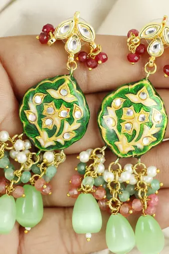 Green meena polki gold plating dangle earrings