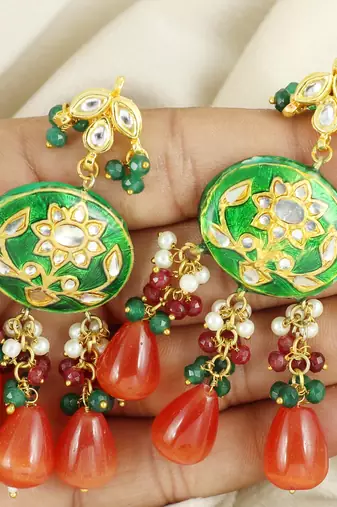 Green meena carnelian dangle earrings