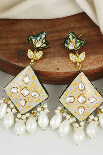 Pearl Drops Earrings Kundan Meena Jewelry