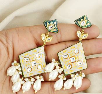Pearl Drops Earrings Kundan Meena Jewelry 2