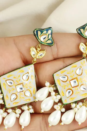 Pearl Drops Earrings Kundan Meena Jewelry