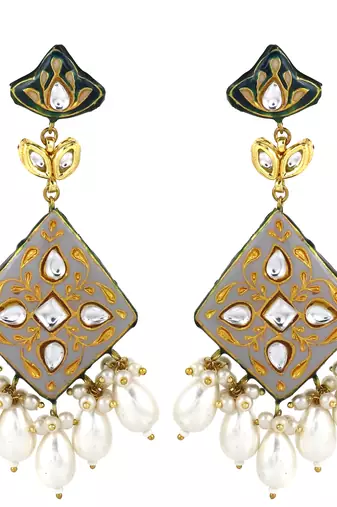 Pearl Drops Earrings Kundan Meena Jewelry