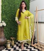 Lemon laced chanderi cotton embroidered kurta pant dupatta set