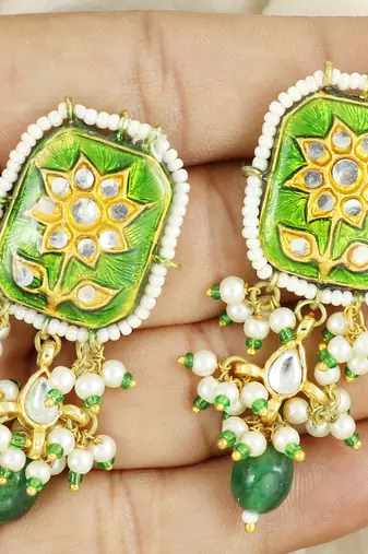Green meenakari green onyx earrings