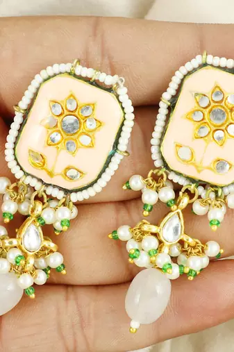 Kundan meena pearl beaded stud earrings