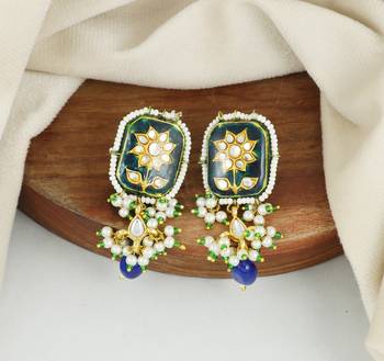 Green meenakari pearl beads stud earrings 1