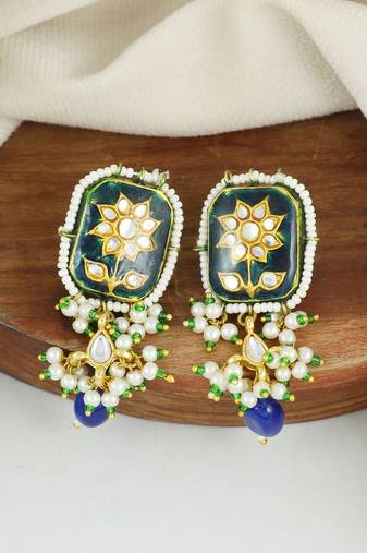 Green meenakari pearl beads stud earrings