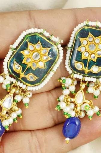 Green meenakari pearl beads stud earrings
