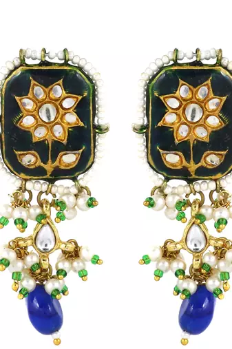 Green meenakari pearl beads stud earrings