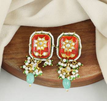 Red meenakari pearl gemstone stud earrings 1