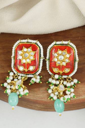 Red meenakari pearl gemstone stud earrings