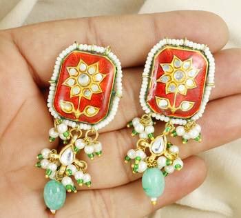 Red meenakari pearl gemstone stud earrings 2