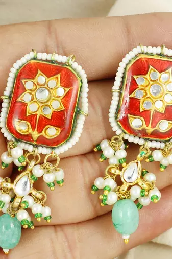 Red meenakari pearl gemstone stud earrings