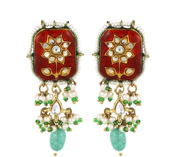 Red meenakari pearl gemstone stud earrings 3