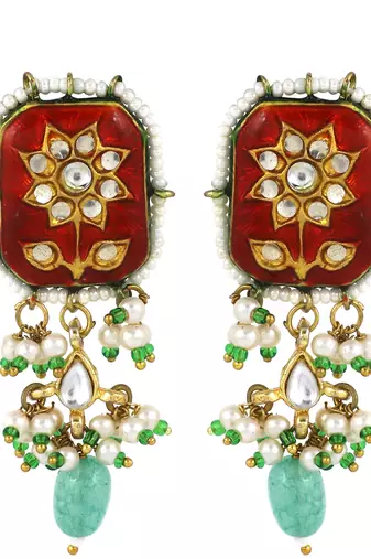 Red meenakari pearl gemstone stud earrings
