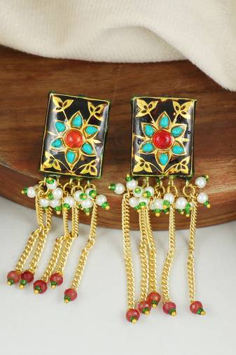 Black meena turquoise pearl chandelier earrings