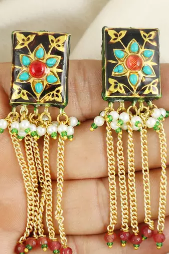 Black meena turquoise pearl chandelier earrings