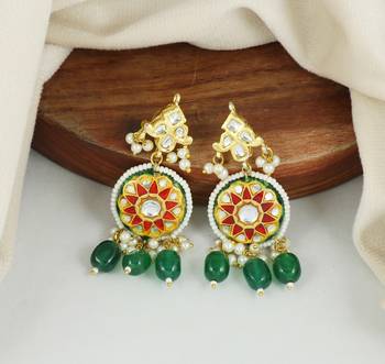 Kundan meena green onyx dangle earrings 1