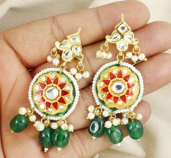 Kundan meena green onyx dangle earrings 2