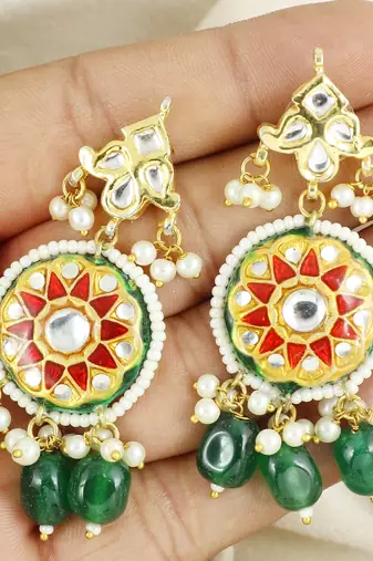 Kundan meena green onyx dangle earrings