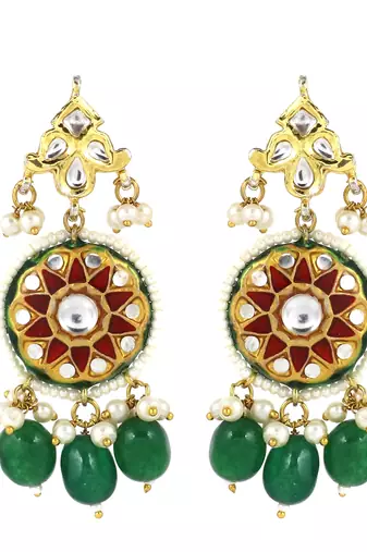 Kundan meena green onyx dangle earrings