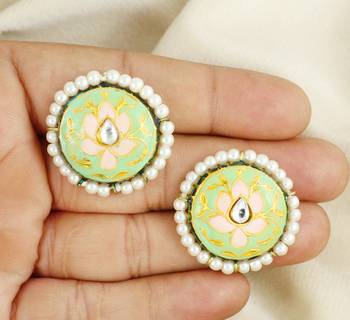 Meenakari pearl beaded round stud earrings 2